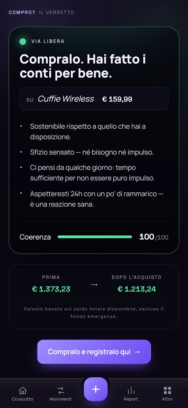 Schermata Compro? di Talenis con il verdetto sull'acquisto e l'impatto sul saldo