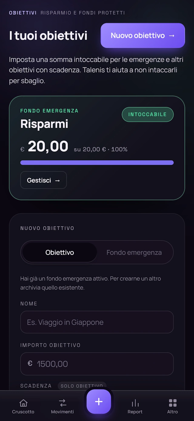 Schermata Obiettivi di Talenis con fondo emergenza intoccabile e creazione di un nuovo obiettivo